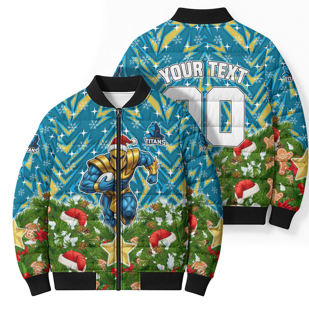 Personalised Titans Rugby Christmas Bomber Puffer Jacket Santa Rugby Mascot - Pine Wreath Festive
