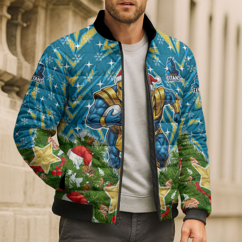 Personalised Titans Rugby Christmas Bomber Puffer Jacket Santa Rugby Mascot - Pine Wreath Festive
