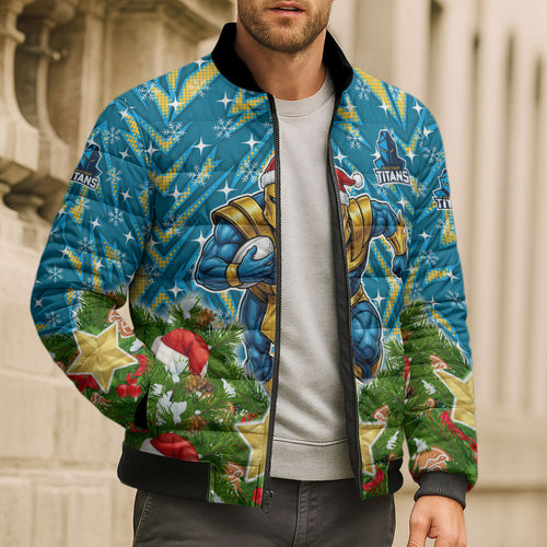 Personalised Titans Rugby Christmas Bomber Puffer Jacket Santa Rugby Mascot - Pine Wreath Festive