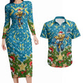 Personalised Titans Rugby Christmas Couples Matching Long Sleeve Bodycon Dress and Hawaiian Shirt Santa Rugby Mascot - Pine Wreath Festive