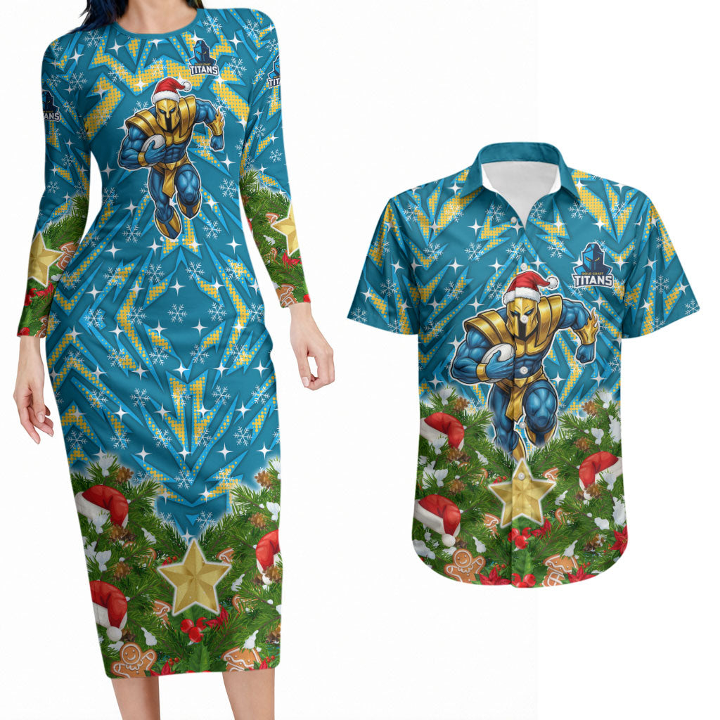 Personalised Titans Rugby Christmas Couples Matching Long Sleeve Bodycon Dress and Hawaiian Shirt Santa Rugby Mascot - Pine Wreath Festive