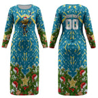 Personalised Titans Rugby Christmas Couples Matching Long Sleeve Bodycon Dress and Hawaiian Shirt Santa Rugby Mascot - Pine Wreath Festive