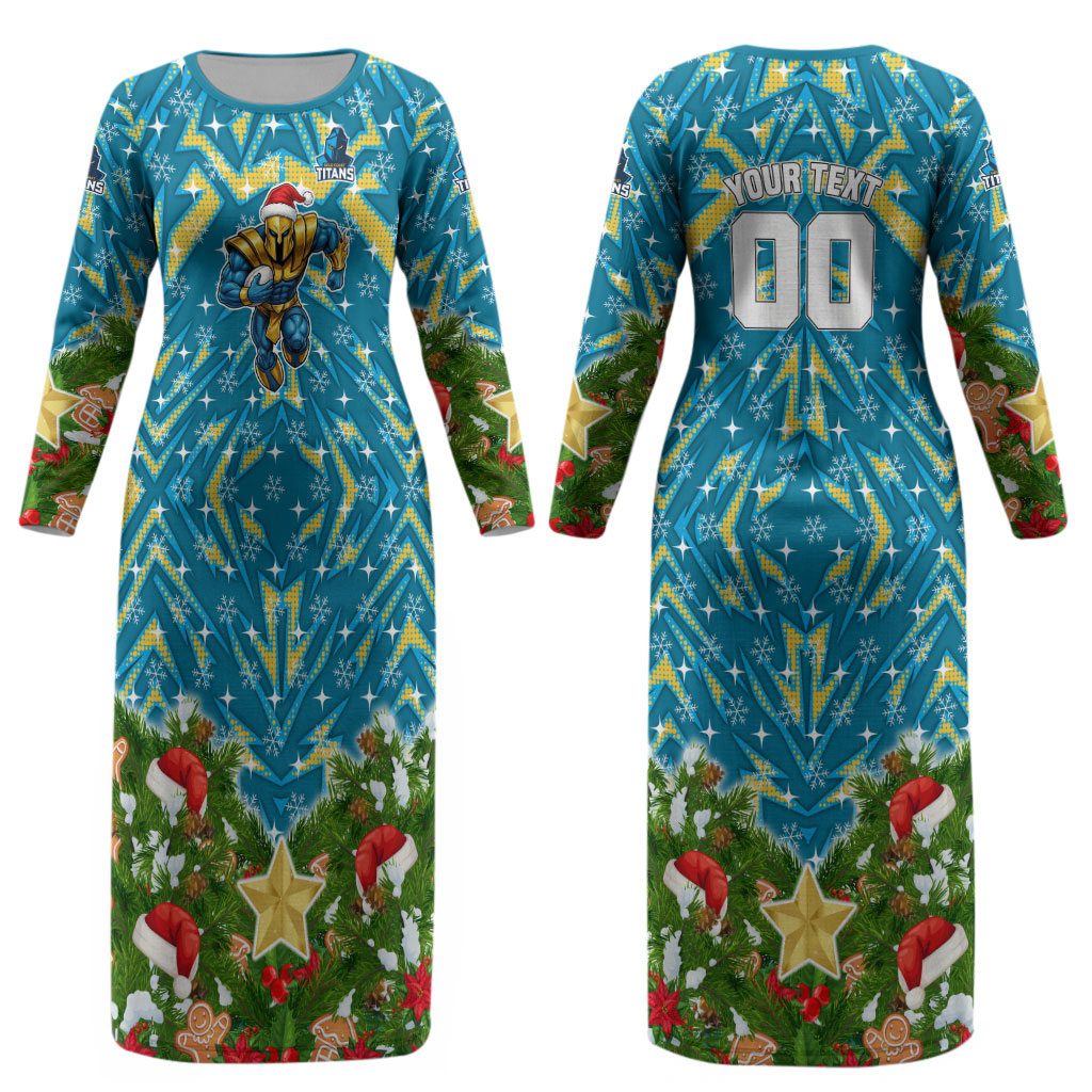 Personalised Titans Rugby Christmas Couples Matching Long Sleeve Bodycon Dress and Hawaiian Shirt Santa Rugby Mascot - Pine Wreath Festive