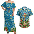 Personalised Titans Rugby Christmas Couples Matching Off Shoulder Maxi Dress and Hawaiian Shirt Santa Rugby Mascot - Pine Wreath Festive