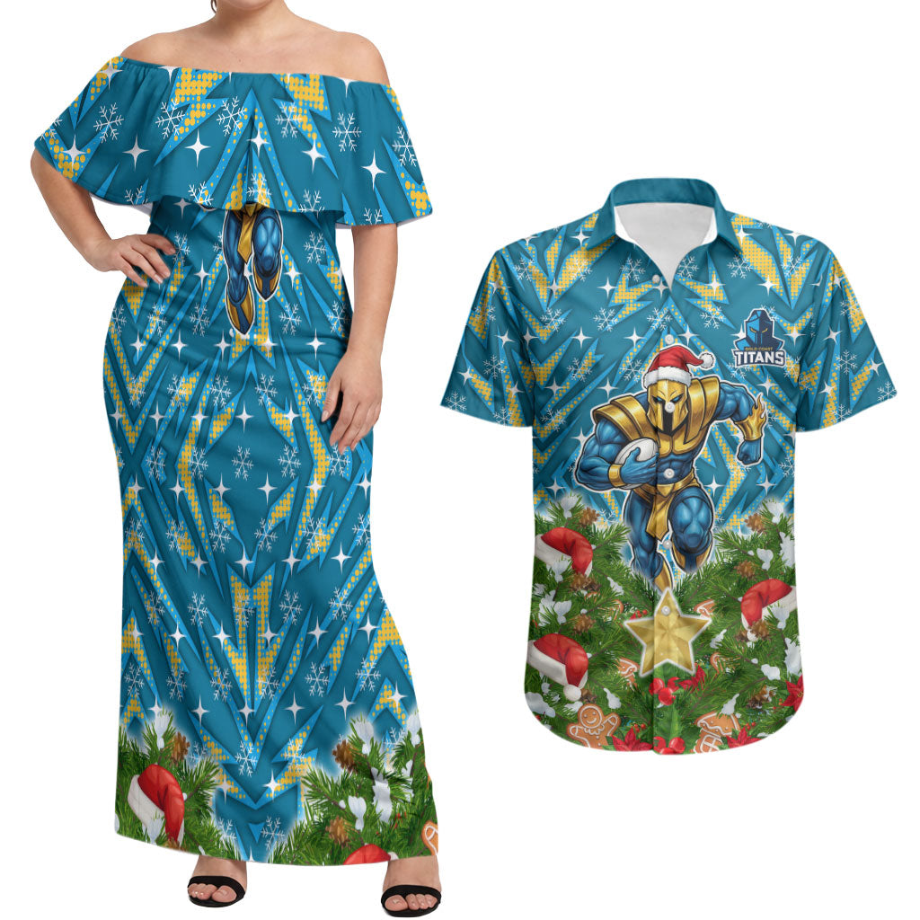 Personalised Titans Rugby Christmas Couples Matching Off Shoulder Maxi Dress and Hawaiian Shirt Santa Rugby Mascot - Pine Wreath Festive