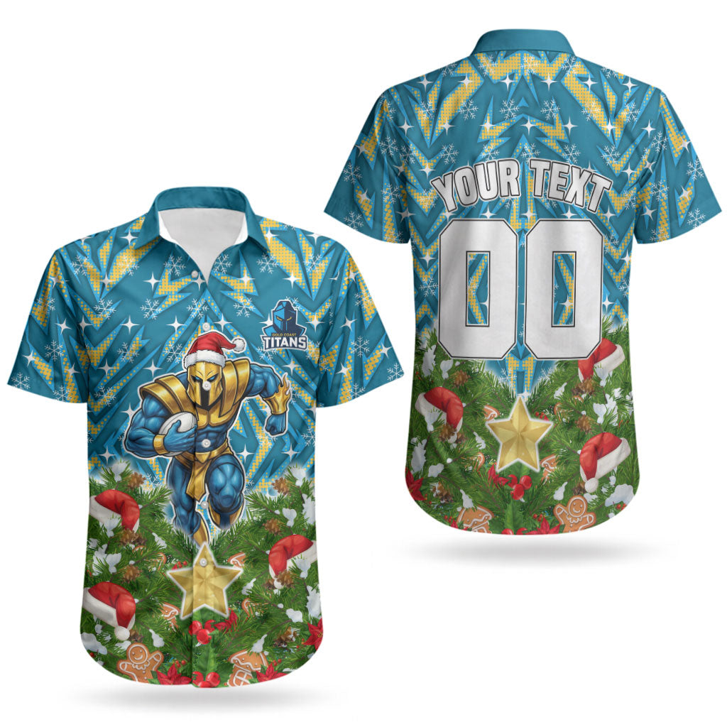 Personalised Titans Rugby Christmas Couples Matching Off Shoulder Maxi Dress and Hawaiian Shirt Santa Rugby Mascot - Pine Wreath Festive