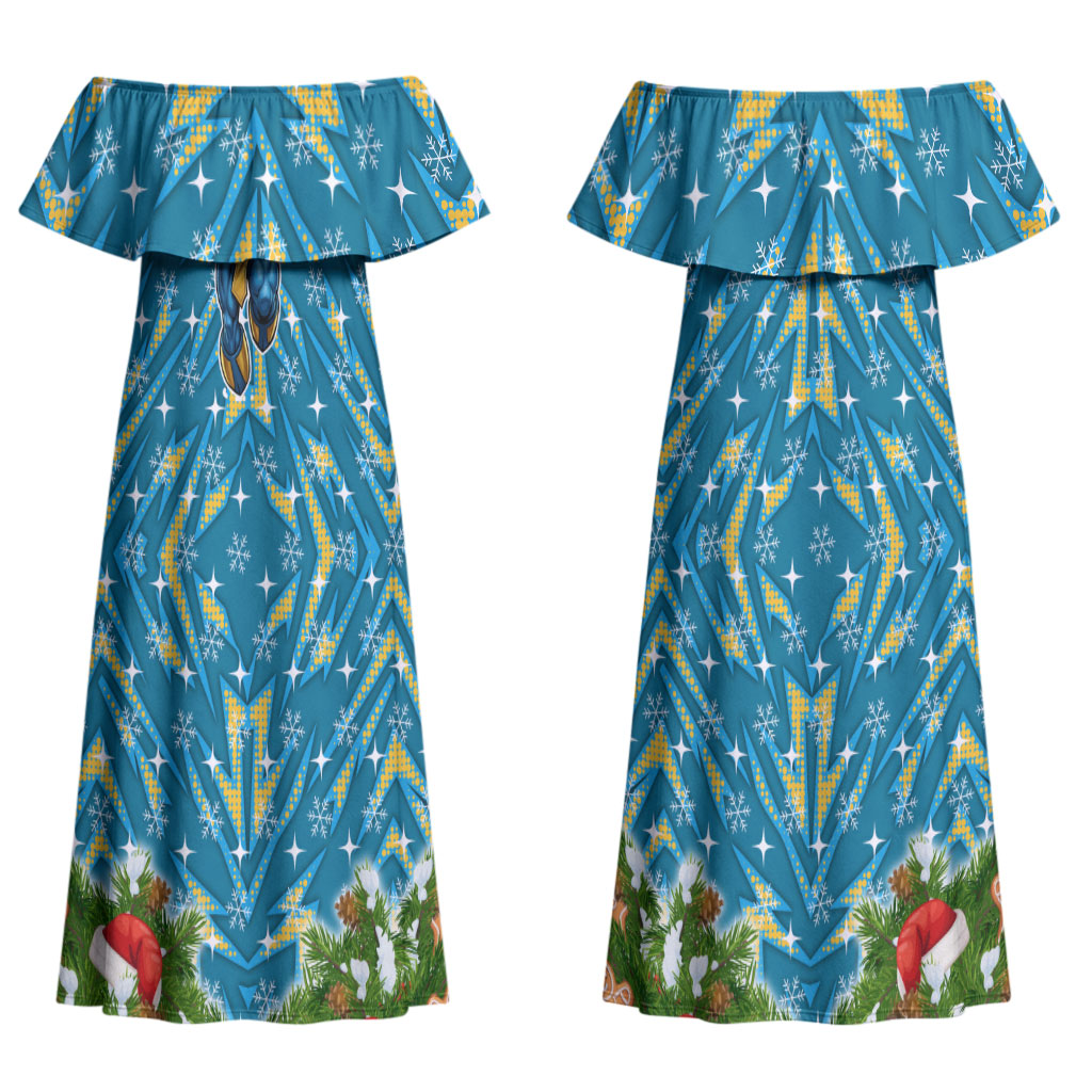 Personalised Titans Rugby Christmas Couples Matching Off Shoulder Maxi Dress and Hawaiian Shirt Santa Rugby Mascot - Pine Wreath Festive