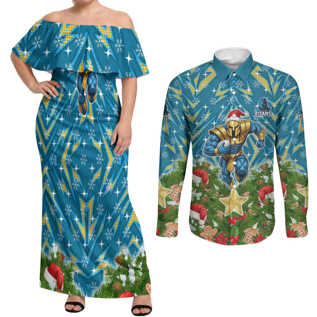 Personalised Titans Rugby Christmas Couples Matching Off Shoulder Maxi Dress and Long Sleeve Button Shirt Santa Rugby Mascot - Pine Wreath Festive