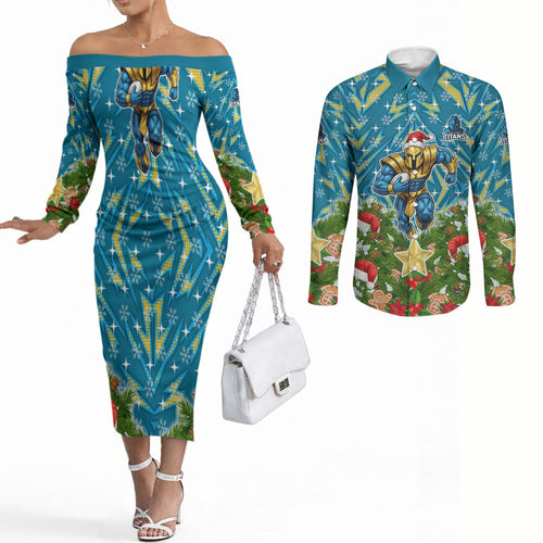 Personalised Titans Rugby Christmas Couples Matching Off The Shoulder Long Sleeve Dress and Long Sleeve Button Shirt Santa Rugby Mascot - Pine Wreath Festive