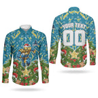 Personalised Titans Rugby Christmas Couples Matching Puletasi and Long Sleeve Button Shirt Santa Rugby Mascot - Pine Wreath Festive