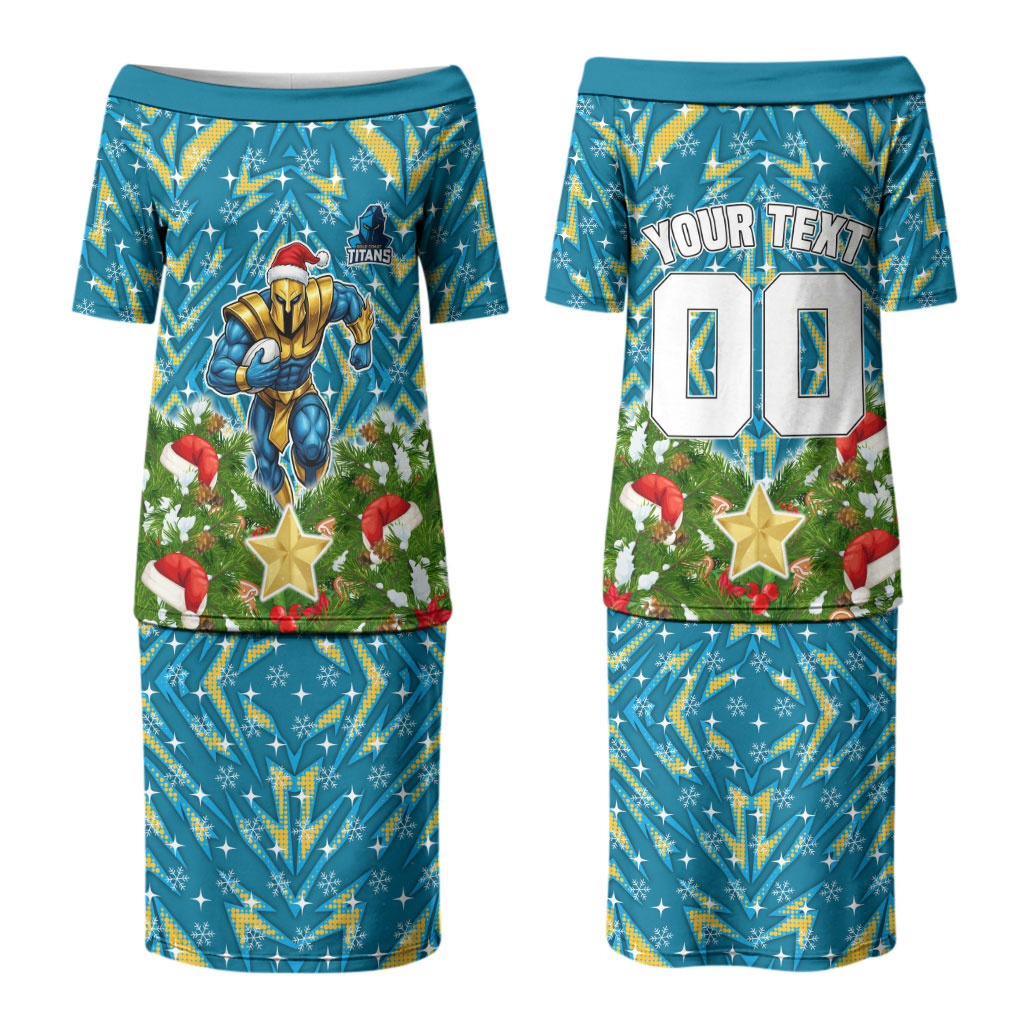 Personalised Titans Rugby Christmas Couples Matching Puletasi and Long Sleeve Button Shirt Santa Rugby Mascot - Pine Wreath Festive