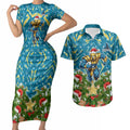 Personalised Titans Rugby Christmas Couples Matching Short Sleeve Bodycon Dress and Hawaiian Shirt Santa Rugby Mascot - Pine Wreath Festive