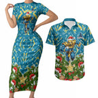 Personalised Titans Rugby Christmas Couples Matching Short Sleeve Bodycon Dress and Hawaiian Shirt Santa Rugby Mascot - Pine Wreath Festive