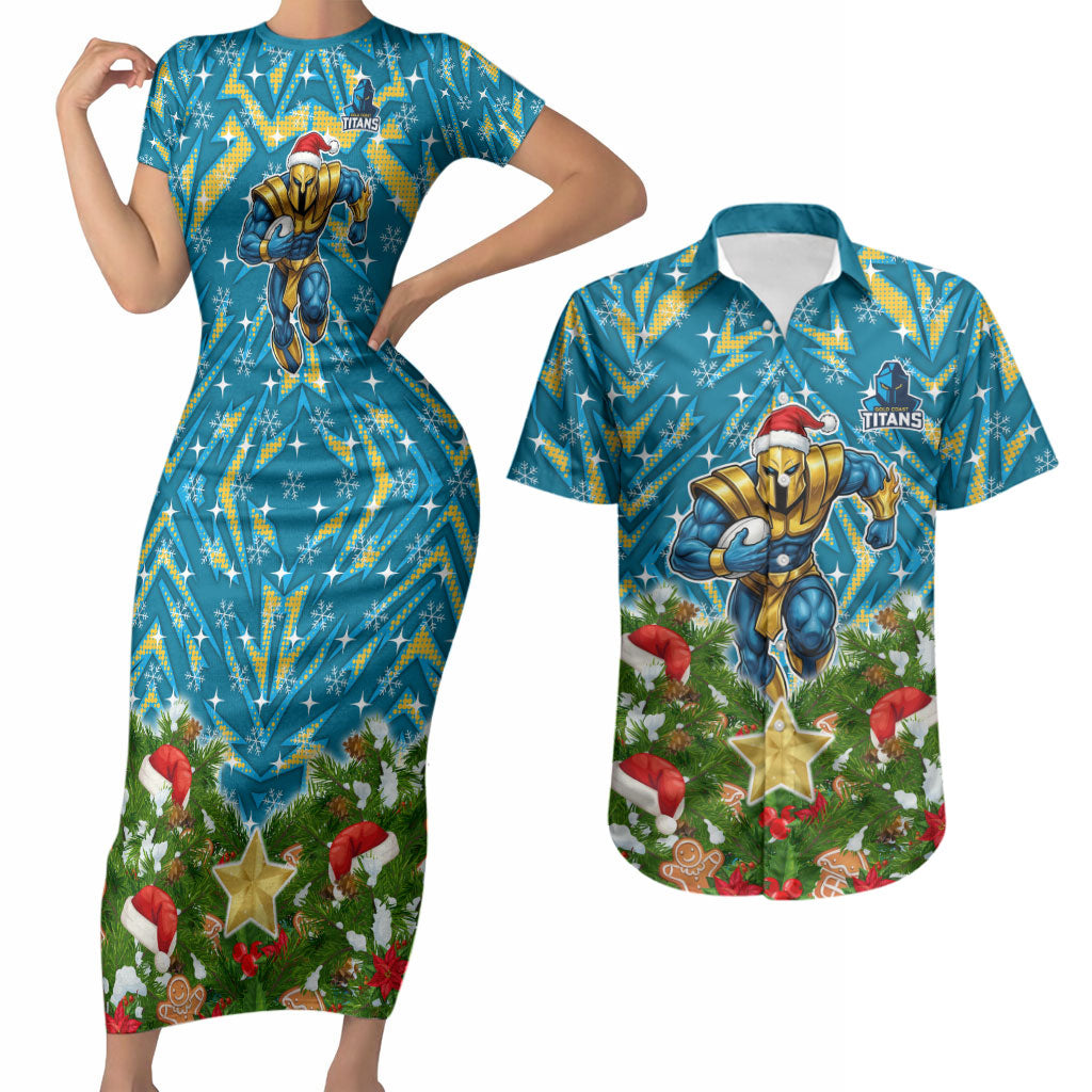 Personalised Titans Rugby Christmas Couples Matching Short Sleeve Bodycon Dress and Hawaiian Shirt Santa Rugby Mascot - Pine Wreath Festive