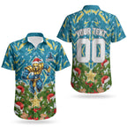 Personalised Titans Rugby Christmas Couples Matching Short Sleeve Bodycon Dress and Hawaiian Shirt Santa Rugby Mascot - Pine Wreath Festive