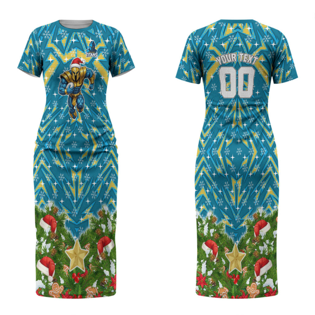 Personalised Titans Rugby Christmas Couples Matching Short Sleeve Bodycon Dress and Hawaiian Shirt Santa Rugby Mascot - Pine Wreath Festive