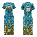 Personalised Titans Rugby Christmas Couples Matching Short Sleeve Bodycon Dress and Hawaiian Shirt Santa Rugby Mascot - Pine Wreath Festive