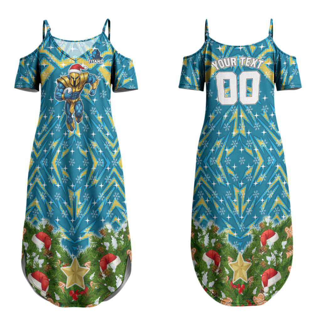 Personalised Titans Rugby Christmas Couples Matching Summer Maxi Dress and Long Sleeve Button Shirt Santa Rugby Mascot - Pine Wreath Festive