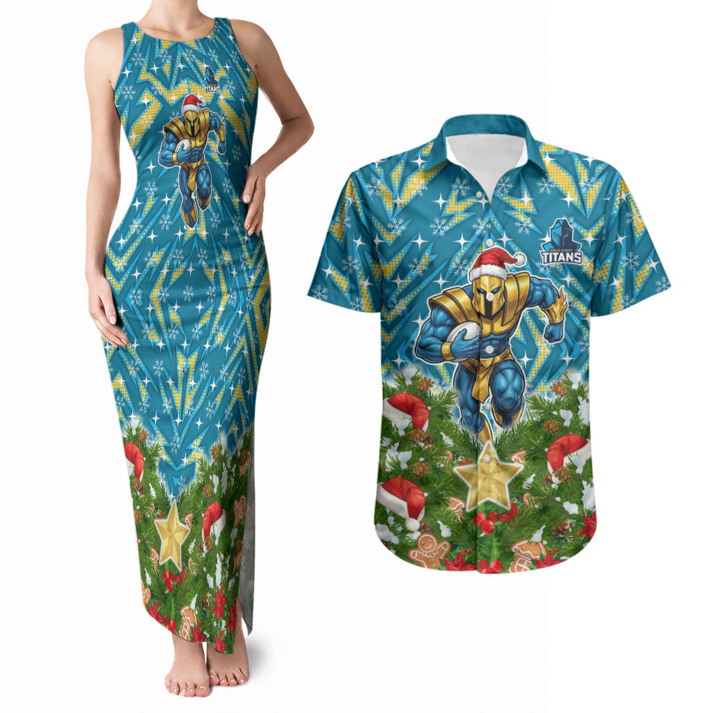 Personalised Titans Rugby Christmas Couples Matching Tank Maxi Dress and Hawaiian Shirt Santa Rugby Mascot - Pine Wreath Festive