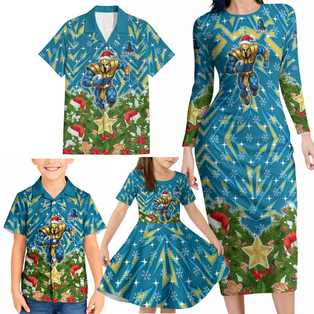 Personalised Titans Rugby Christmas Family Matching Long Sleeve Bodycon Dress and Hawaiian Shirt Santa Rugby Mascot - Pine Wreath Festive