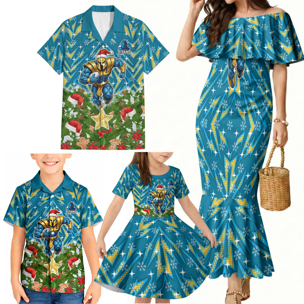 Personalised Titans Rugby Christmas Family Matching Mermaid Dress and Hawaiian Shirt Santa Rugby Mascot - Pine Wreath Festive
