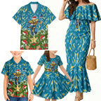 Personalised Titans Rugby Christmas Family Matching Mermaid Dress and Hawaiian Shirt Santa Rugby Mascot - Pine Wreath Festive
