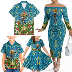 Personalised Titans Rugby Christmas Family Matching Off The Shoulder Long Sleeve Dress and Hawaiian Shirt Santa Rugby Mascot - Pine Wreath Festive