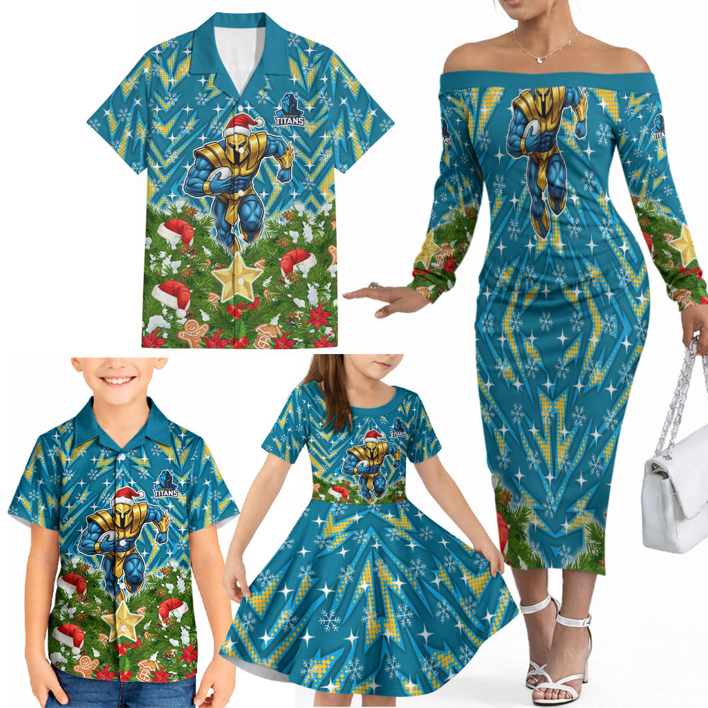 Personalised Titans Rugby Christmas Family Matching Off The Shoulder Long Sleeve Dress and Hawaiian Shirt Santa Rugby Mascot - Pine Wreath Festive
