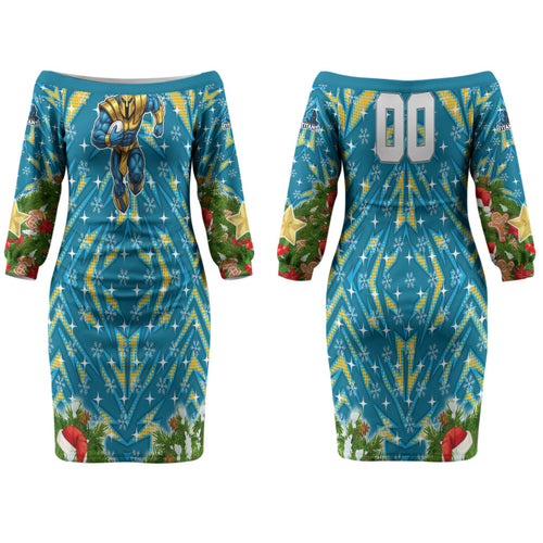 Personalised Titans Rugby Christmas Family Matching Off The Shoulder Long Sleeve Dress and Hawaiian Shirt Santa Rugby Mascot - Pine Wreath Festive