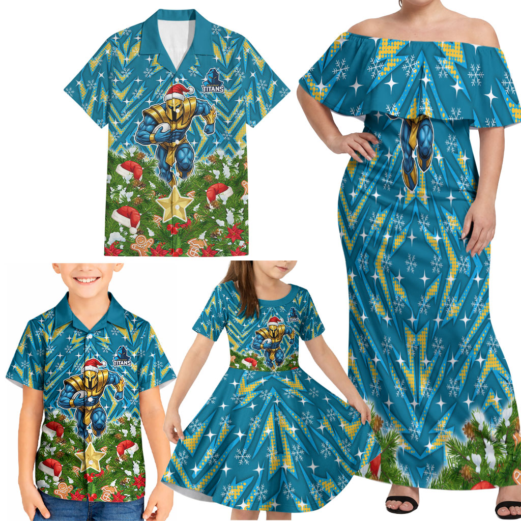Personalised Titans Rugby Christmas Family Matching Off Shoulder Maxi Dress and Hawaiian Shirt Santa Rugby Mascot - Pine Wreath Festive