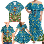 Personalised Titans Rugby Christmas Family Matching Off Shoulder Maxi Dress and Hawaiian Shirt Santa Rugby Mascot - Pine Wreath Festive