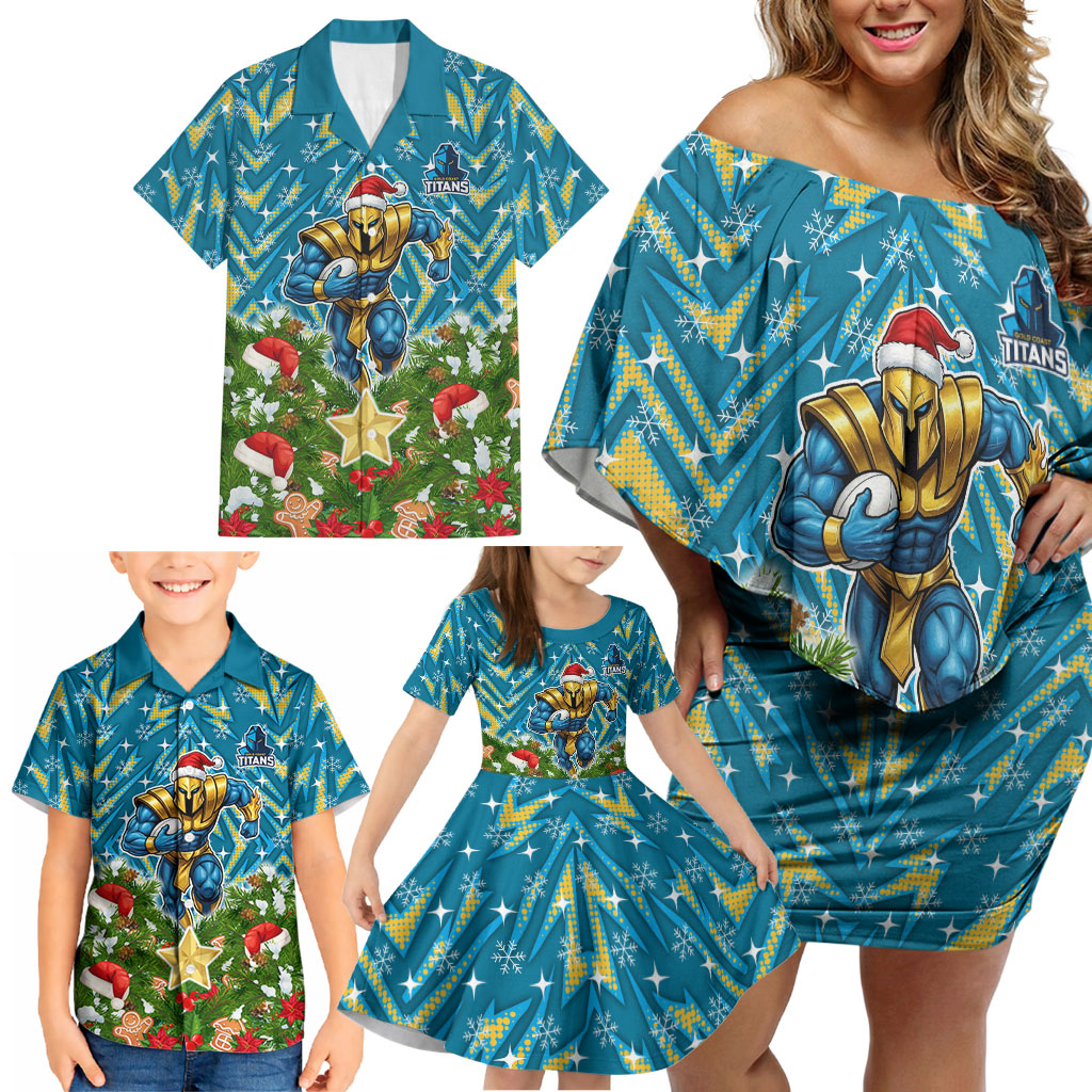 Personalised Titans Rugby Christmas Family Matching Off Shoulder Short Dress and Hawaiian Shirt Santa Rugby Mascot - Pine Wreath Festive