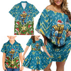 Personalised Titans Rugby Christmas Family Matching Off Shoulder Short Dress and Hawaiian Shirt Santa Rugby Mascot - Pine Wreath Festive