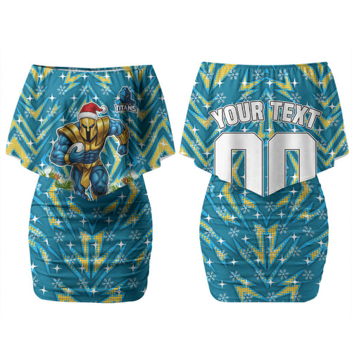 Personalised Titans Rugby Christmas Family Matching Off Shoulder Short Dress and Hawaiian Shirt Santa Rugby Mascot - Pine Wreath Festive