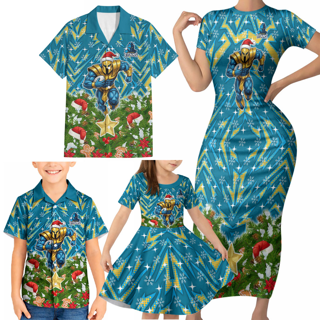 Personalised Titans Rugby Christmas Family Matching Short Sleeve Bodycon Dress and Hawaiian Shirt Santa Rugby Mascot - Pine Wreath Festive