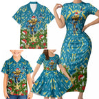 Personalised Titans Rugby Christmas Family Matching Short Sleeve Bodycon Dress and Hawaiian Shirt Santa Rugby Mascot - Pine Wreath Festive
