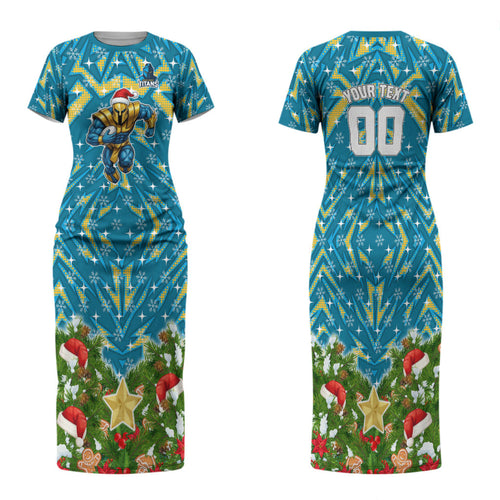 Personalised Titans Rugby Christmas Family Matching Short Sleeve Bodycon Dress and Hawaiian Shirt Santa Rugby Mascot - Pine Wreath Festive