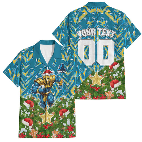 Personalised Titans Rugby Christmas Family Matching Short Sleeve Bodycon Dress and Hawaiian Shirt Santa Rugby Mascot - Pine Wreath Festive