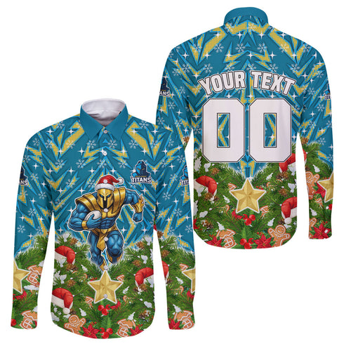 Personalised Titans Rugby Christmas Family Matching Short Sleeve Bodycon Dress and Hawaiian Shirt Santa Rugby Mascot - Pine Wreath Festive