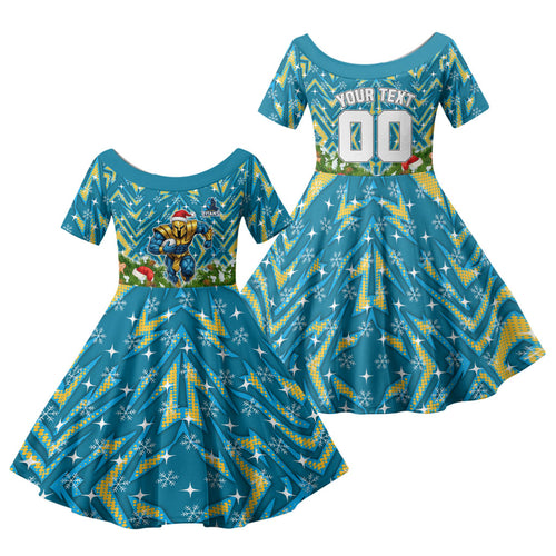 Personalised Titans Rugby Christmas Family Matching Short Sleeve Bodycon Dress and Hawaiian Shirt Santa Rugby Mascot - Pine Wreath Festive