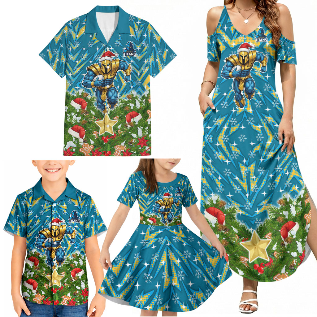 Personalised Titans Rugby Christmas Family Matching Summer Maxi Dress and Hawaiian Shirt Santa Rugby Mascot - Pine Wreath Festive