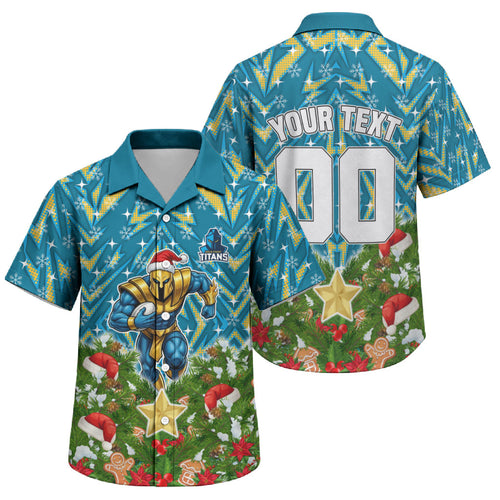 Personalised Titans Rugby Christmas Family Matching Summer Maxi Dress and Hawaiian Shirt Santa Rugby Mascot - Pine Wreath Festive
