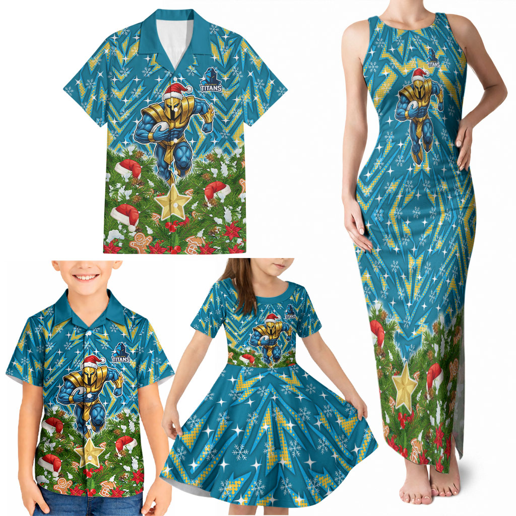 Personalised Titans Rugby Christmas Family Matching Tank Maxi Dress and Hawaiian Shirt Santa Rugby Mascot - Pine Wreath Festive