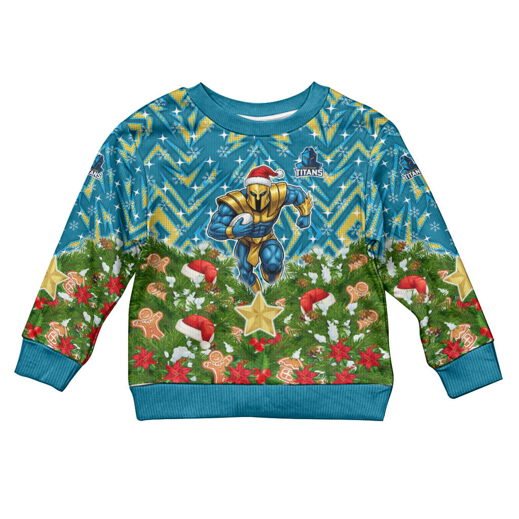 Personalised Titans Rugby Christmas Kid Ugly Christmas Sweater Santa Rugby Mascot - Pine Wreath Festive