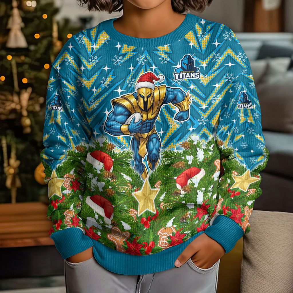 Personalised Titans Rugby Christmas Kid Ugly Christmas Sweater Santa Rugby Mascot - Pine Wreath Festive