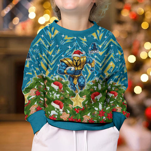 Personalised Titans Rugby Christmas Kid Ugly Christmas Sweater Santa Rugby Mascot - Pine Wreath Festive