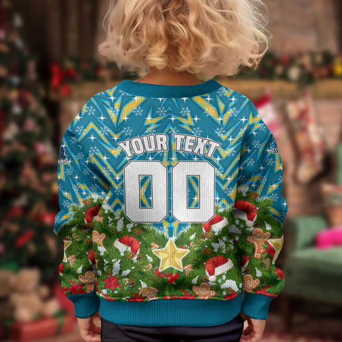Personalised Titans Rugby Christmas Kid Ugly Christmas Sweater Santa Rugby Mascot - Pine Wreath Festive