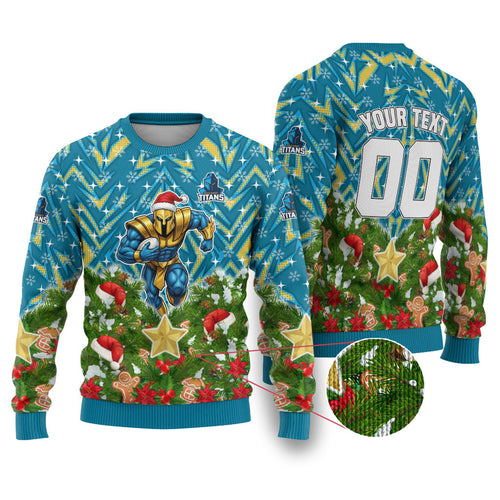 Personalised Titans Rugby Christmas Ugly Christmas Sweater Santa Rugby Mascot - Pine Wreath Festive