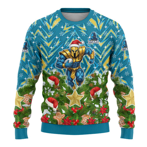 Personalised Titans Rugby Christmas Ugly Christmas Sweater Santa Rugby Mascot - Pine Wreath Festive