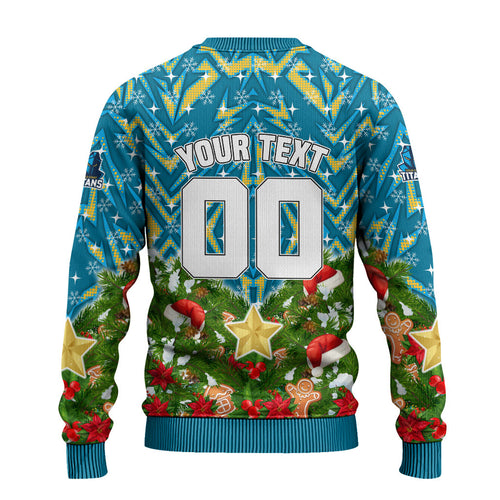 Personalised Titans Rugby Christmas Ugly Christmas Sweater Santa Rugby Mascot - Pine Wreath Festive